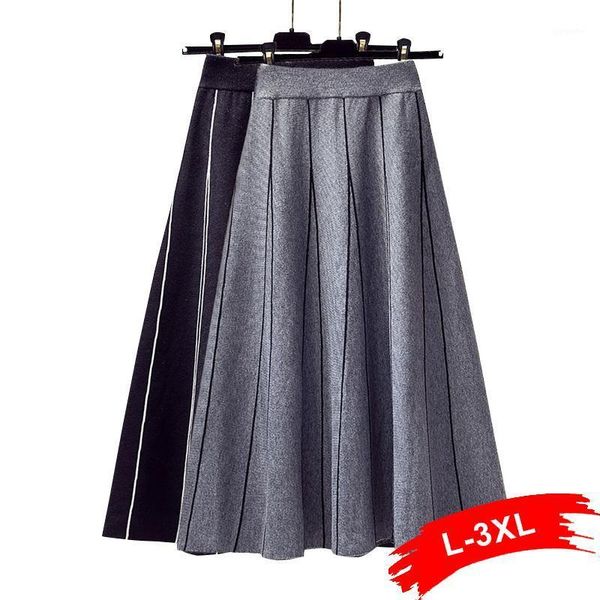 

plus size winter women big swing thick knitting skirt 4xl elastic high waist pleated midi a-line female elegant knitted skirts1, Black