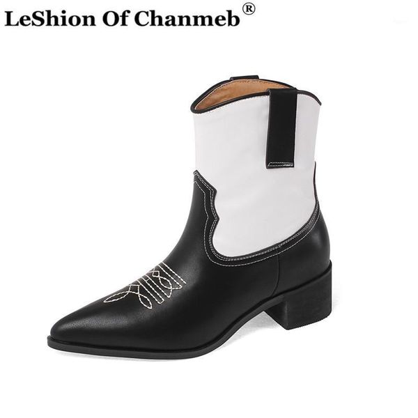 

boots genuine leather winter shoes women western woman pointed toe square block heels embroidery cowboy cowgirl size 33-401, Black