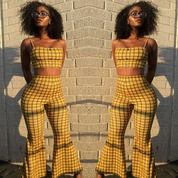 

2019 summer 2 piece sets women yellow plaid tracksuit england style plaid crop and high waist flare pants sets1, White