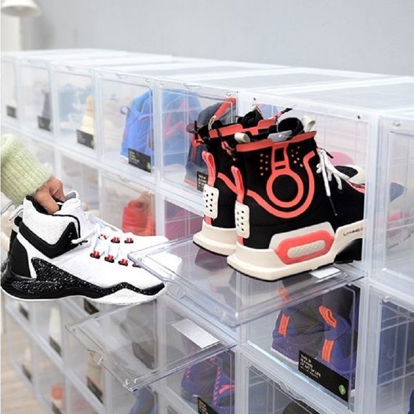 

thicken clear plastic basketball sport dustproof shoe storage box transparent sneaker box stackable boot organizer box magnetic attraction, White;pink