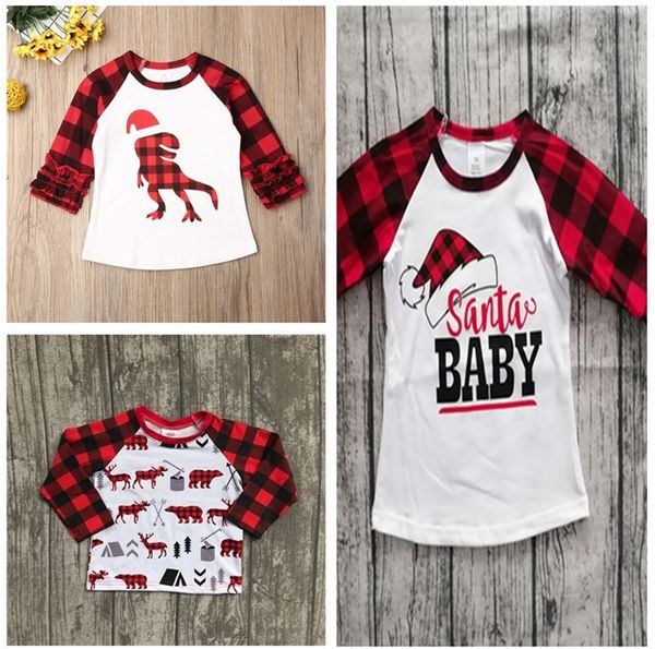 

children christmas clothing kids t-shirt pullover ins baby girls plaid long sleeve t shirt xmas red grid dinosaur print tshirt e102906, White