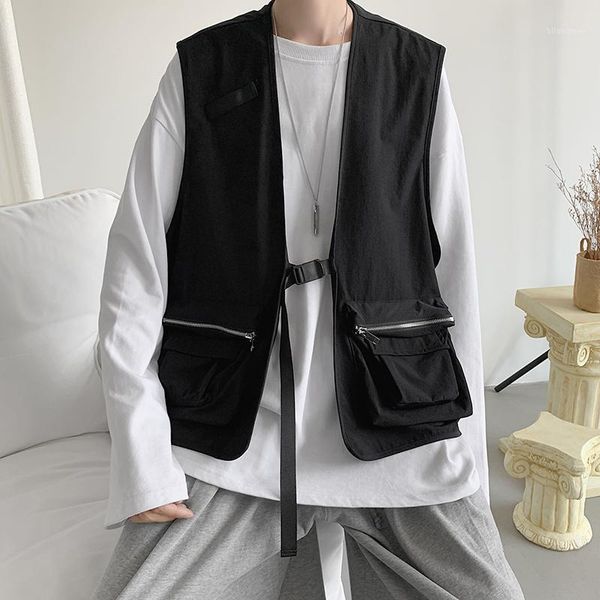

men jackets multi-pockets cargo coats leisure mens streetwear high street hip-hop sleeveless outwear new1, Black;white