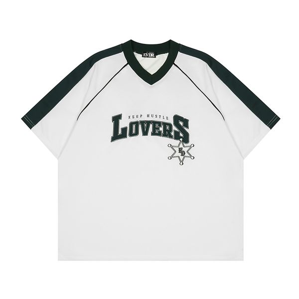 

short sleeve spring summer t shirts male and female v neck letter oversize tees loose men t-shirt, White;black