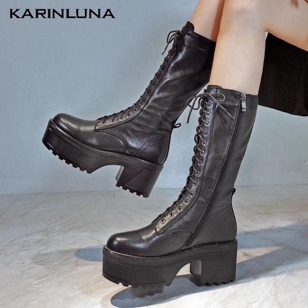 

karin sale shoes woman genuine leather platform square thick heels cross-tied zip mid-calf female boots, Black