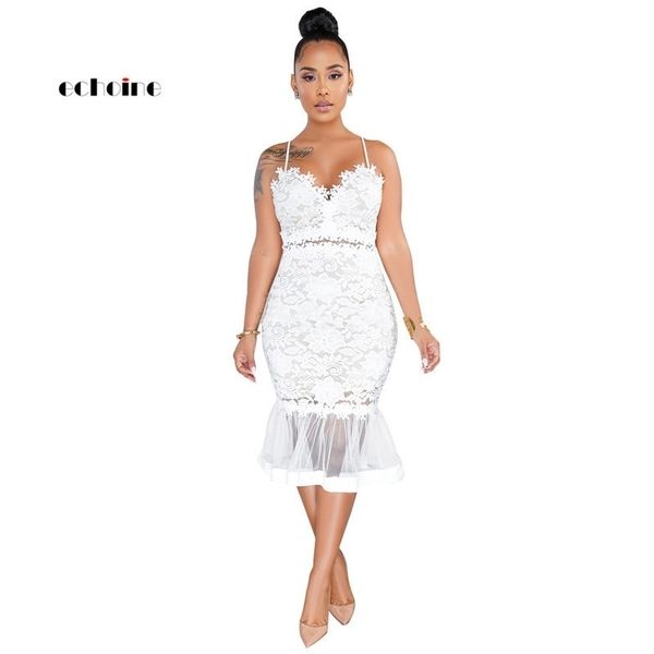 

echoine slim dress women spaghetti straps lace mesh perspective party fishtail patchwork midi bodycon plus size vestidos y200418, Black;pink