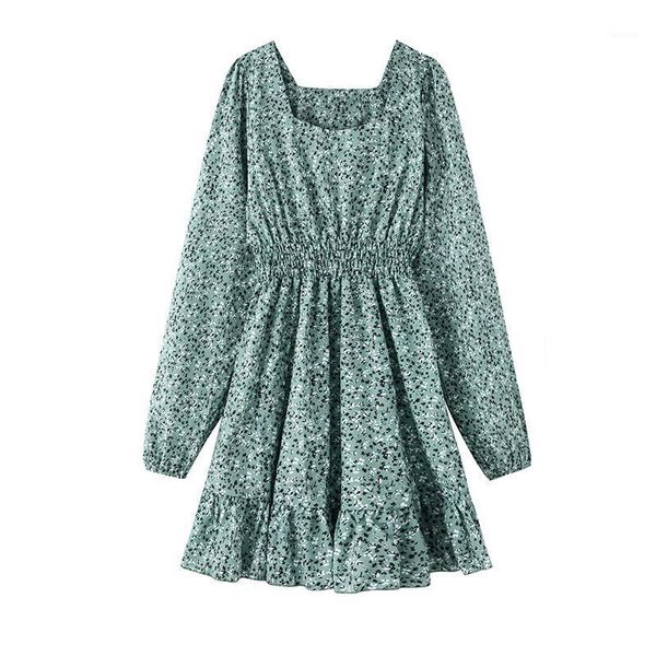 

autumn long sleeve square collar floral dress women winter casual ruffle a line print dress slim female boho mini party vestidos1, Black;gray