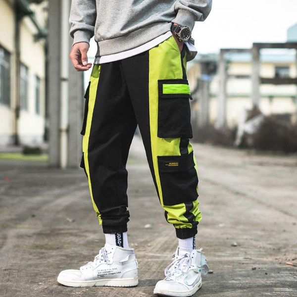 

men hip hop pant multi pocket splicing trousers fashion feet leisure trouser hip hop cargo pants streetwear for male, Black