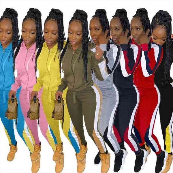 

activewear classic patchwork womens set zipper hoodies jogger pants set sporty tracksuit fitness two piece outfits, White