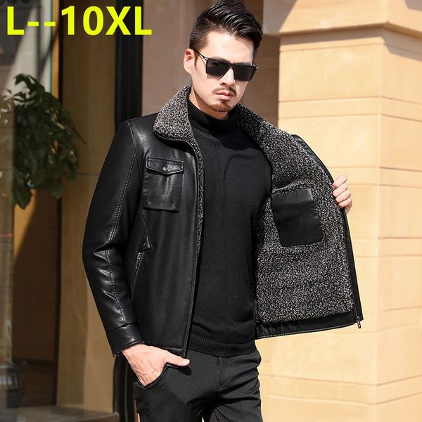 

men's fur & faux 10xl 8xl winter warm fleece jackets coats autumn men hat detachable leather outwear motorcycle pu jacket, Black