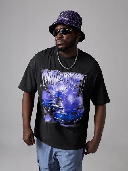 

extended sizes men car & letter graphic drop shoulder tee 73td#, White;black