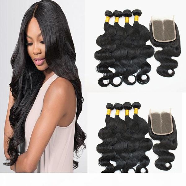 

body wave hair extensions with 4x4 hair closure middle part 100% virgin human hair weaves 50g bundle natural color 8-28 inches, Black