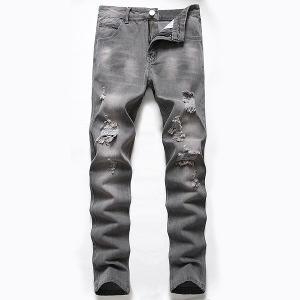 

men's jeans new grey black hole jeans men's straight pants men's fashion, Blue