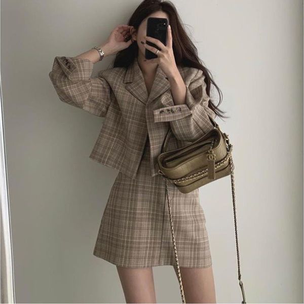 

junelove office women's suits korean chic fashion temperament short suit jacket skirt two-piece suit clothes for fall outwear, Gray