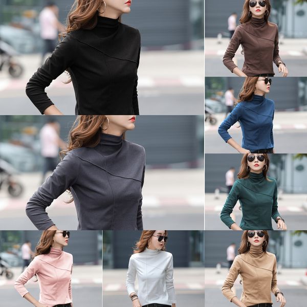 

20 осенью и зимой новые утолщенный пол-высокий воротник баз ins верхней одежды пальто t- рубашки осени женской моды длинного рукава футболка, White