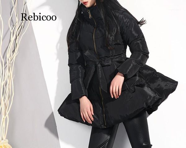 

women's down & parkas bandage waist a-line black cotton clothing for women winter long sleeve turtleneck zipper padded1