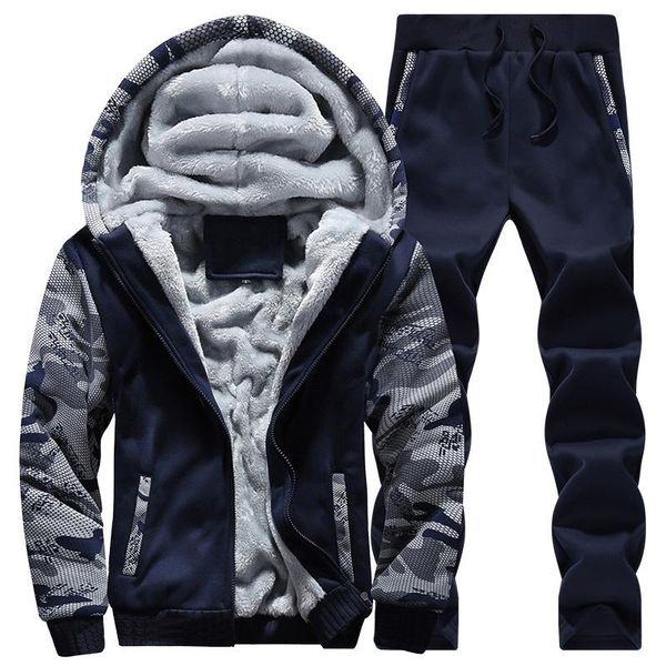 

men's plus velvet thicken tracksuit suit fashion camouflage print sleeve hooded zipper jacket sports pants winter two-pieces set, Gray