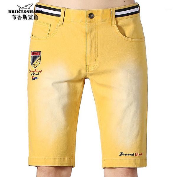 

2020 summer new men jeans business denim casual fashion embroidery stretch soften cotton short jeans straight yellow 421, Blue