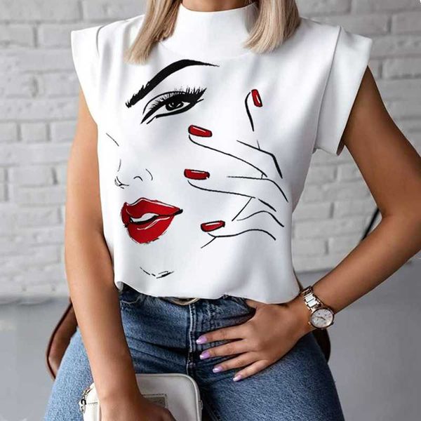 

women elegant lips print blouse shirts 2020 summer casual stand neck pullovers ladies fashion cute eye short sleeve blusa, White