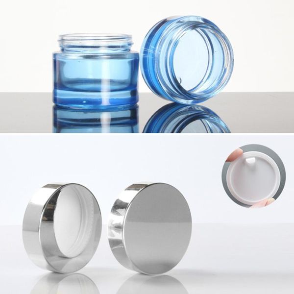 

30g glass empty blue shaving cream container with gold/silver cover1