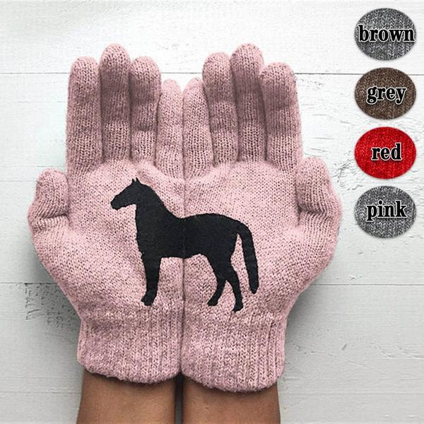 

winter warm cold cashmere gloves thicken cartoon horse pattern print wool knitted full finger gloves men and women, Blue;gray