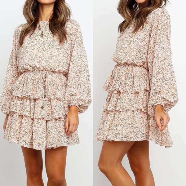 

fashion women's classic round neck 2020 print autumn / winter drs floral cake skirt, Black;gray