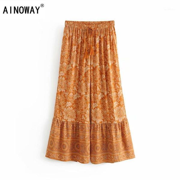 

vintage chic women floral print wide leg bohemian pants ladies loose ruffles sashes rayon boho long pants1, Black;white