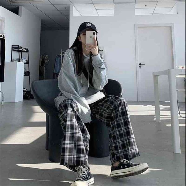 

wide leg pants womens summer fall chic high waist all-match teens streetwear ins trendy harajuku plaid womens trouser, Black;white