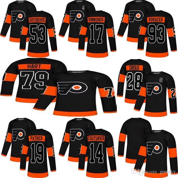 

2019 philadelphia flyers hockey 79 carter hart 28 claude giroux 53 gostisbehere 93 voracek 11 konecny 9 provorov ice hockey jerseys, Black;red
