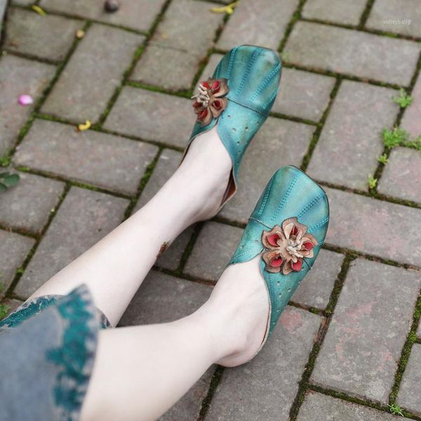 

2020 women summer genuine leather flower low heel shoes female sandals handmade slippers slides 512911, Black