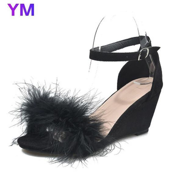 

women summer sandals wedges mid heel peep toe sandals fashion buckle strap party outdoor casual plus size 35-43, Black
