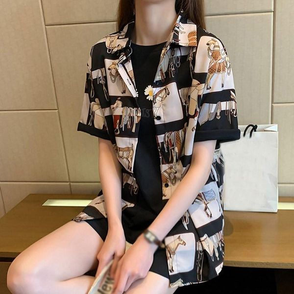 

women short sleeve blouses harajuku women print summer blouse retro shirts, White