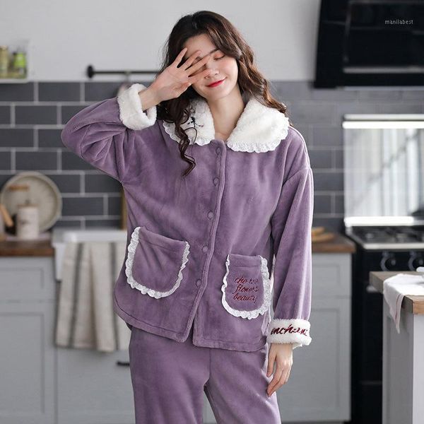 

xifer autumn and winter ladies flannel lace collar pajamas thickening plus velvet two-piece coral fleece warm home clothes suit1, Black;red