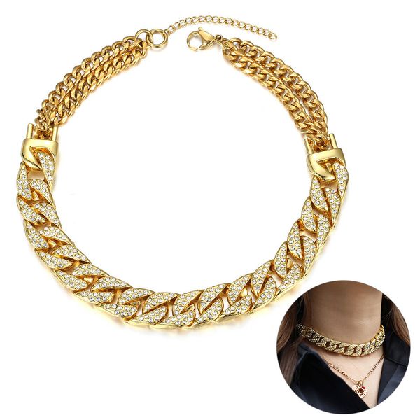 

14mm big chunky punk miami choker collar necklace for women men gold iced out paved rhinestones cz curb cuban necklace dn176q0115, Golden;silver