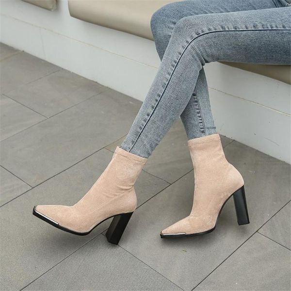 

boots ins stretch winter women 2021 ankle square heel super high (8cm-up) sheep suede short womens shoes, Black