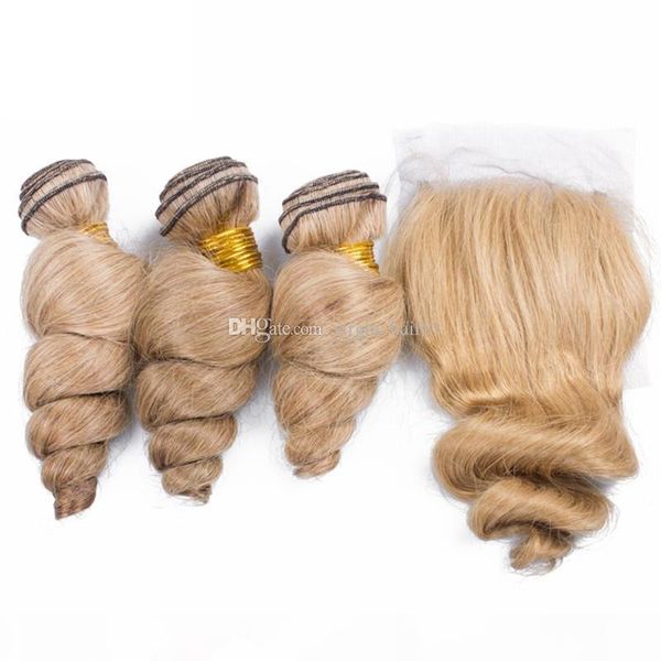 

8a blonde brazilian virgin hair with closure 4pcs lot #613 blonde loose wave human hair weave with 4x4'' lace closure, Black;brown