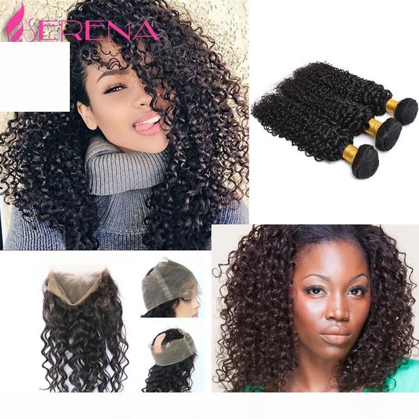 

360 lace frontal closure with bundles pre plucked full lace 360 closure indian deep curly with frontal human hair curly frontal, Black;brown