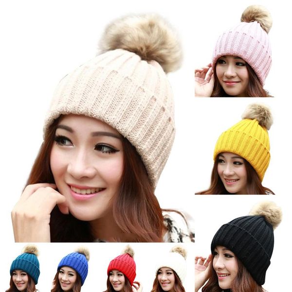 

2020 fur ball hats plus velvet winter caps for women ladies warm fur pom pom ski hat comfortable warm headwear fashion, Blue;gray