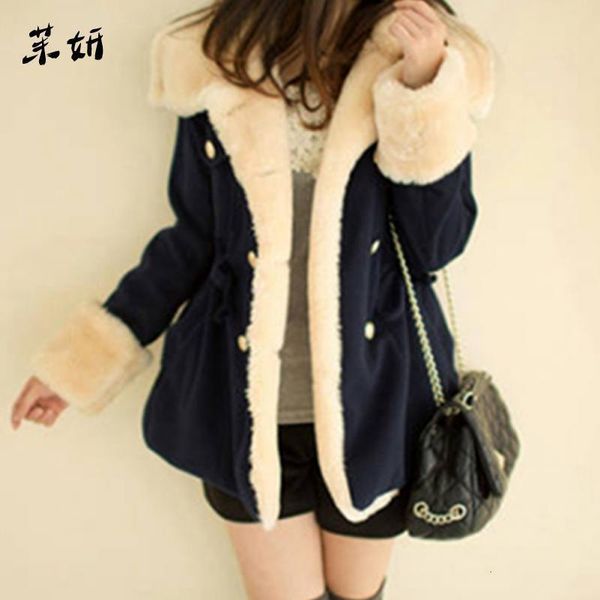 

korean style feminine coat winter windbreaker women outwear long sleeve lapel thicker coat double-breasted woolen keep warm, Tan;black
