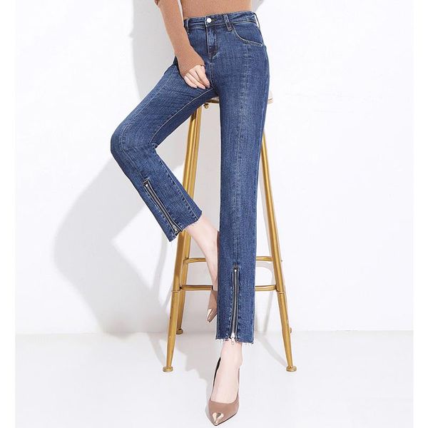 

ferzige luxury pants women stretch high waist jeans female zipper casual straight trousers slim fit pants plus size blue