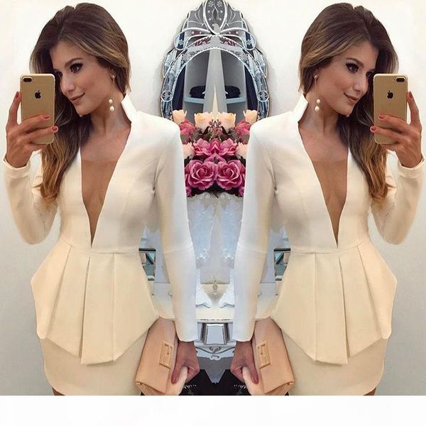 

formal suits deep v neck long sleeve ladies skirt suits casual womens apparel solid color women, White;black