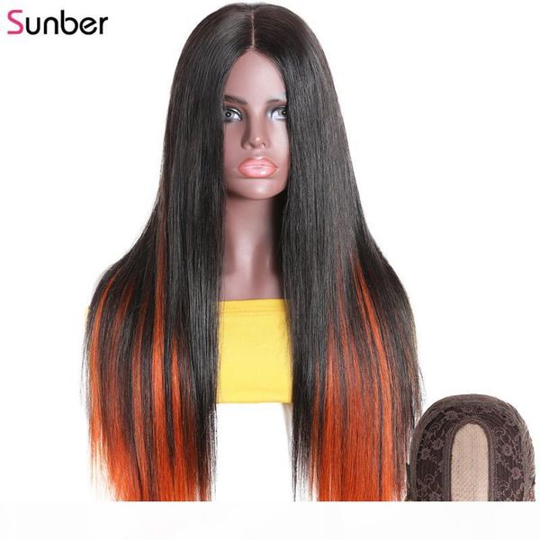 

sunber hidden highlights straight pu silk base wig 150% density long omber orange no glue brazilian human hair wig, Black;brown