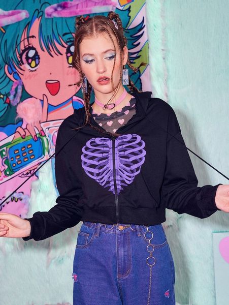 

romwe skeleton graphic zip up drawstring crop hoodie m3su#, White;black