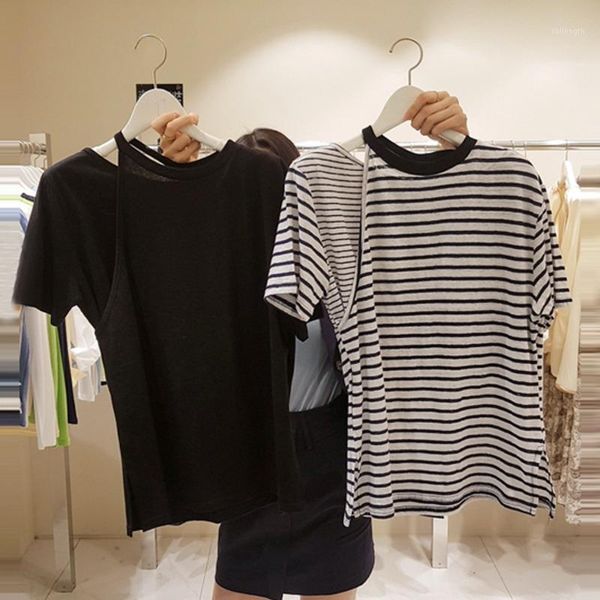 

ewq] 2020 summer new cross-stitched round neck black t-shirt korea loose ladies casual loose brief stripedt shirt qv1101, White