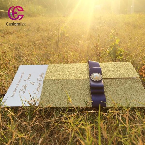 

50pcs/lot glitter invitation with gorgeous ribbon and brooch decoration invitation