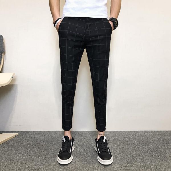 

plaid slim fit pants men 2019 new summer cool black ankle-length pants man stylish koran style thin checkered men's trousers1