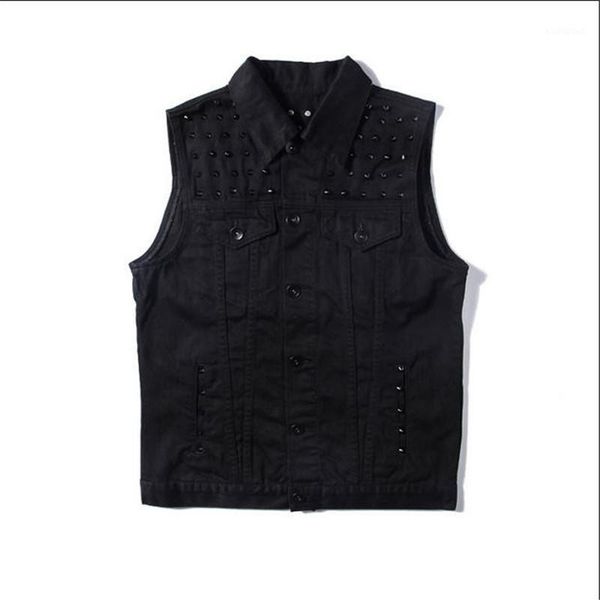 

men's denim vest jackets sleeveless fashion punk jeans waistcoat mens cowboy black ripped rock jacket a16101, Black;white