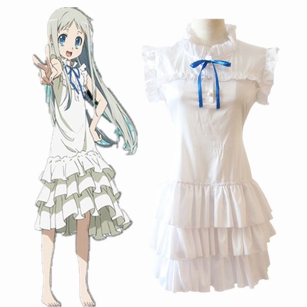 

theme costume anime anohana cosplay menma honma meiko the flower we saw that day costume for halloween party female role play white dress, Black;red
