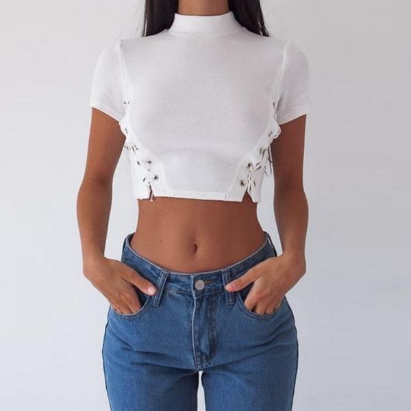 

1llzf and and summer new women's bandage hollow bandage cut navel sleeve spring spring summer new women's buttonhole hollow button, White