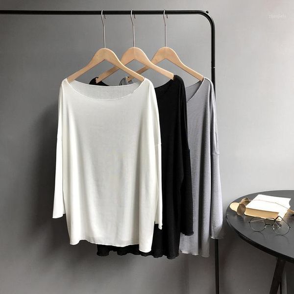 

mooirue autumn women casual t-shirt solid long sleeve thin basic tees shirt girls white black gray loose pullover 1