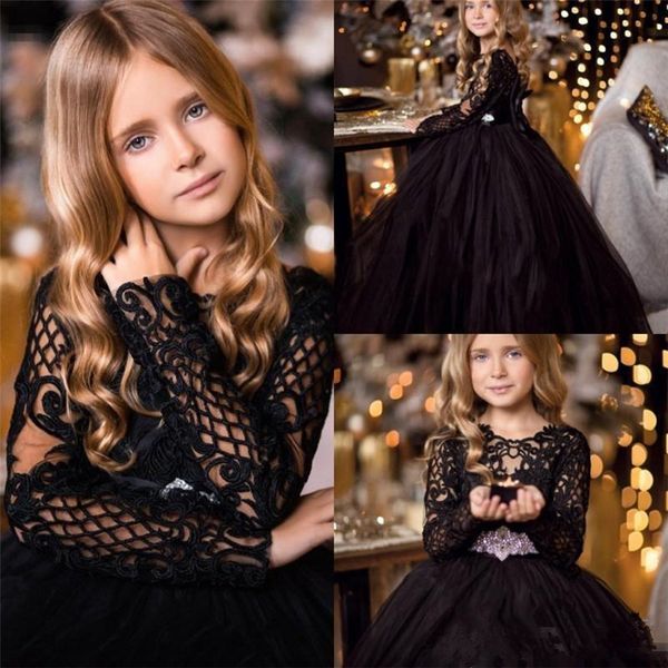 

elegant black flower girl dresses for weddings tulle long sleeves floor length first holy communion dress for little girls evening gowns, White;blue